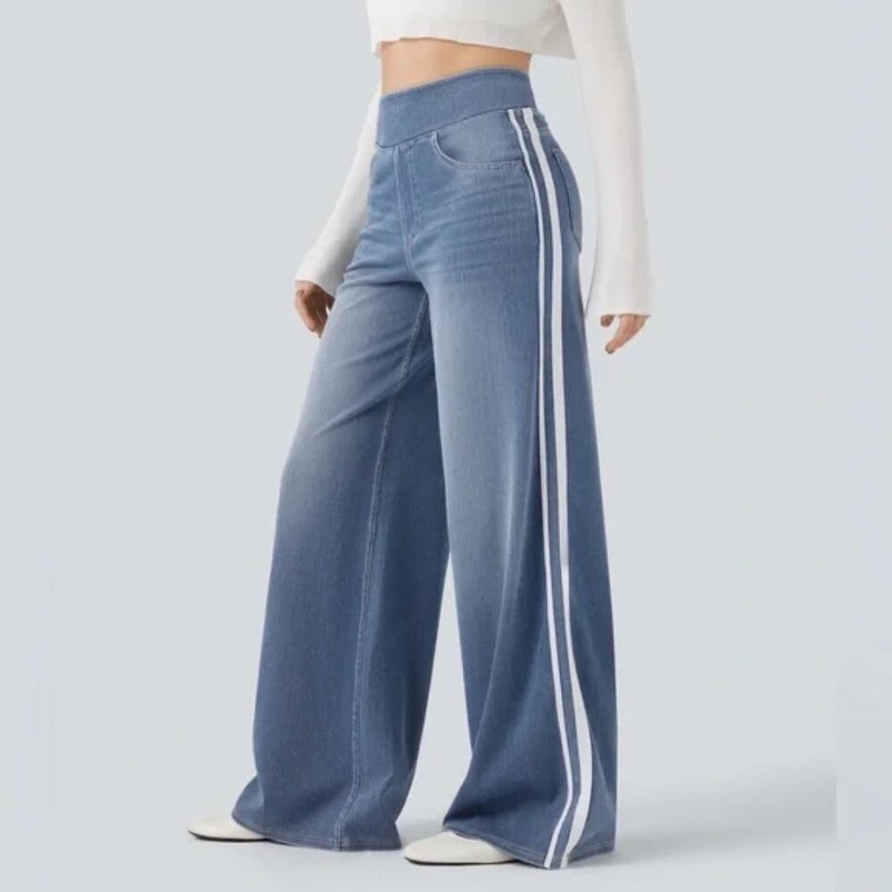 HALARA Blue Wide-Leg Flare Jeans with White Side Stripes